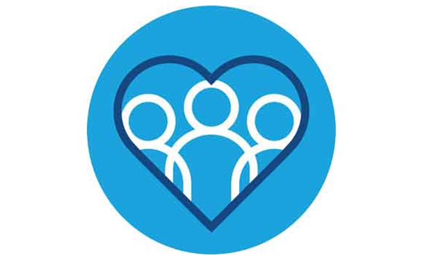 Blue circle with dark blue heart and white outlines of 3 people inside the heart