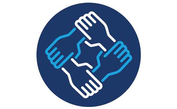 Dark blue circle with 4 hands grabbing each others wrists to form a circle