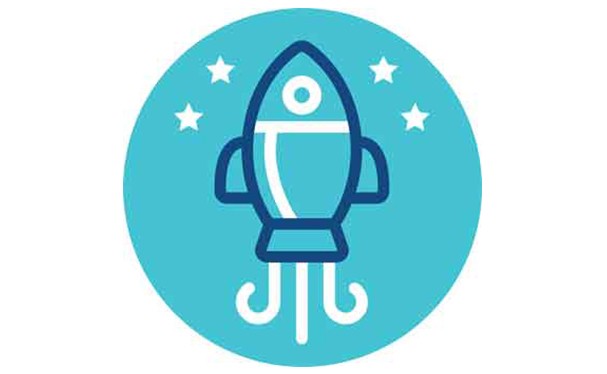 Teal circle with outline of blue and white rocket ship taking off with stars around the rocket