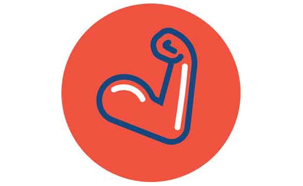 Burnt red circle with blue outline of an arm flexing its bicep