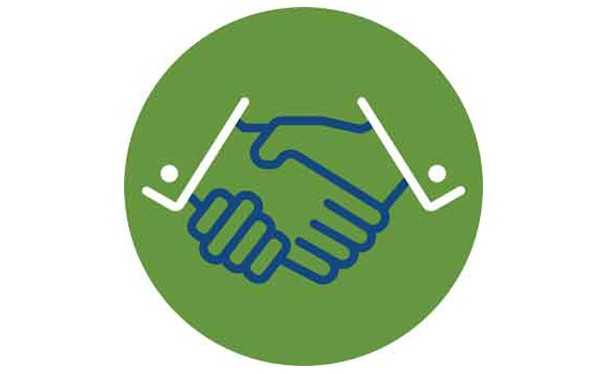 Green circle with blue line drawn hands shaking with white sleeve cuffs