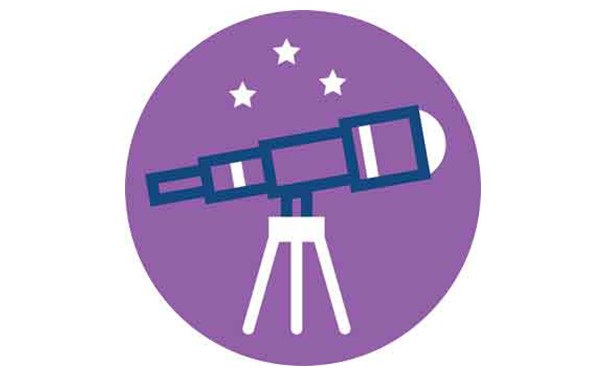 Purple circle with three white stars and an outline of a blue and white telescope