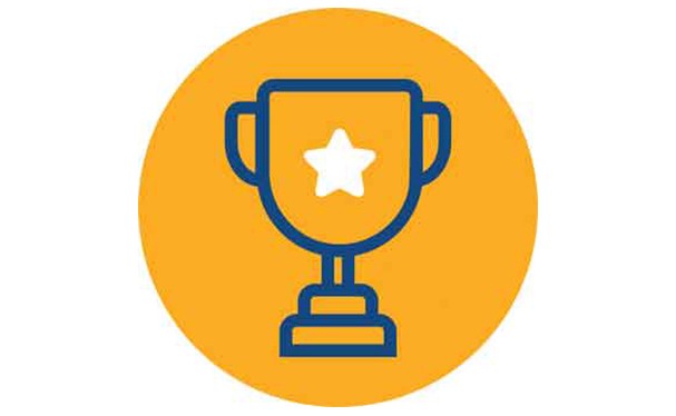 Mustard yellow circle with outline of a blue trophy with a white star in it