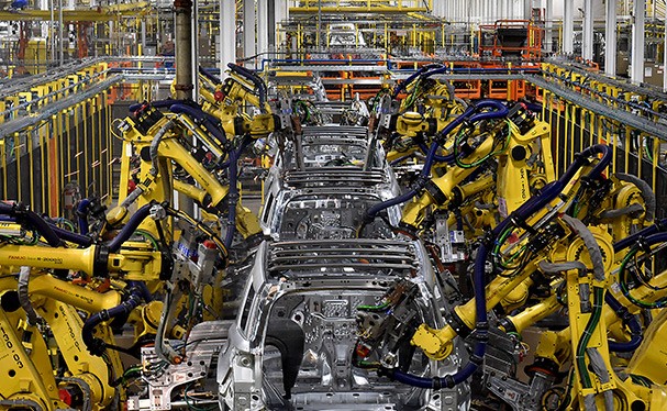 A car assembly line at a Ford plant