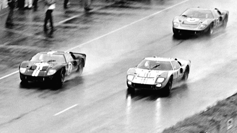 The photo finish of three GT Mark IIs at the 1966 Le Mans race.