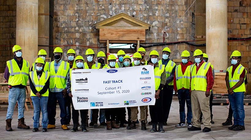 Fast Track apprentices from the first cohort are working on-site with the masonry and carpentry trades.