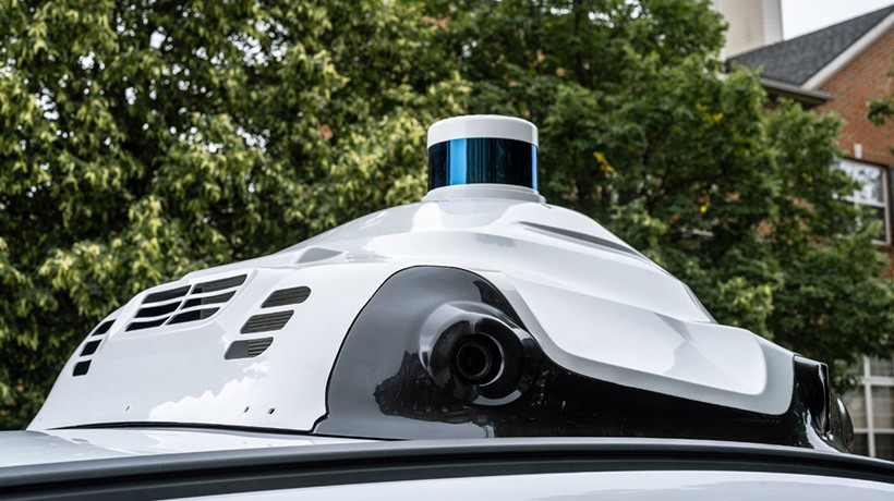 Part of the sensing suite at the top of the self-driving vehicle
