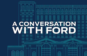 blue sketched drawing of train station with a conversation with ford over top