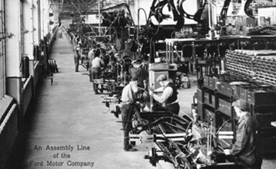 A black and white image of assembly line
