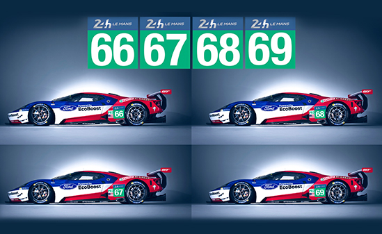 Image of 4 Ford GT race cars with numbers 66 67 68 and 69