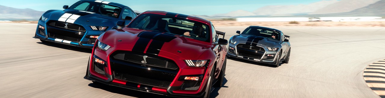 Three Mustangs on race track