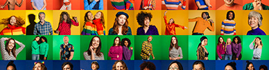 Many squares with people posing in front of a variety of background colours