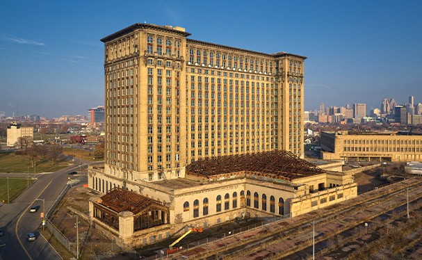 Aerial view of Michigan Central Station