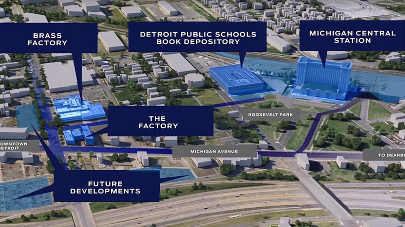 Aerial image of Corktown and surrounding locations including Brass Factory future developments the factory Detroit Public Schools Book Depository and Michigan Central Station