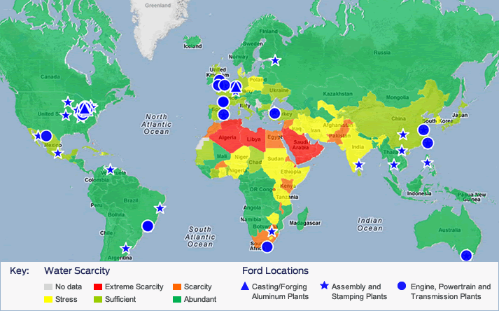 Map showing Ford operations in water stressed regions