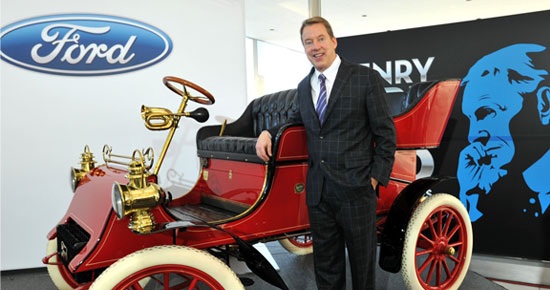Bill Ford with a 1903 Model A, part of the celebration for the 150th anniversary celebration of Henry Ford's birth