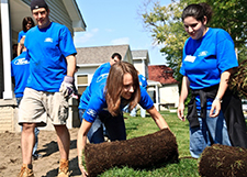 Volunteers help with a sodding project.