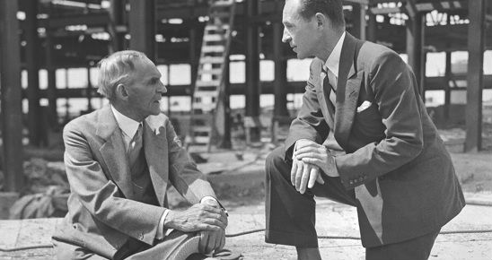 Henry and Edsel Ford at Rouge Tool and Die Shop construction site in 1938.