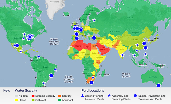 Map showing Ford operations in water stressed regions