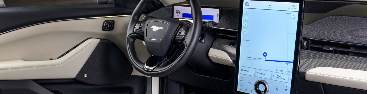The front seats of a Mustang
