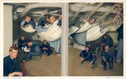 Image of: "Piped Down,"  Sailors on the Berth Deck of the U.S.S. Massachusetts Steamship