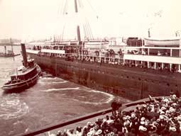 Image of: "Farewells," Tugboat Pushing Off White Star Line Ocean Liner S.S. Majestic