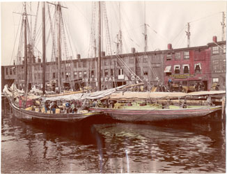 Partially colored image of schooners, Boston