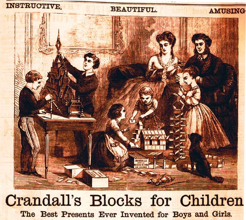 Image of advertisement showing five children playing with Crandall's blocks while their parents and dog look on.